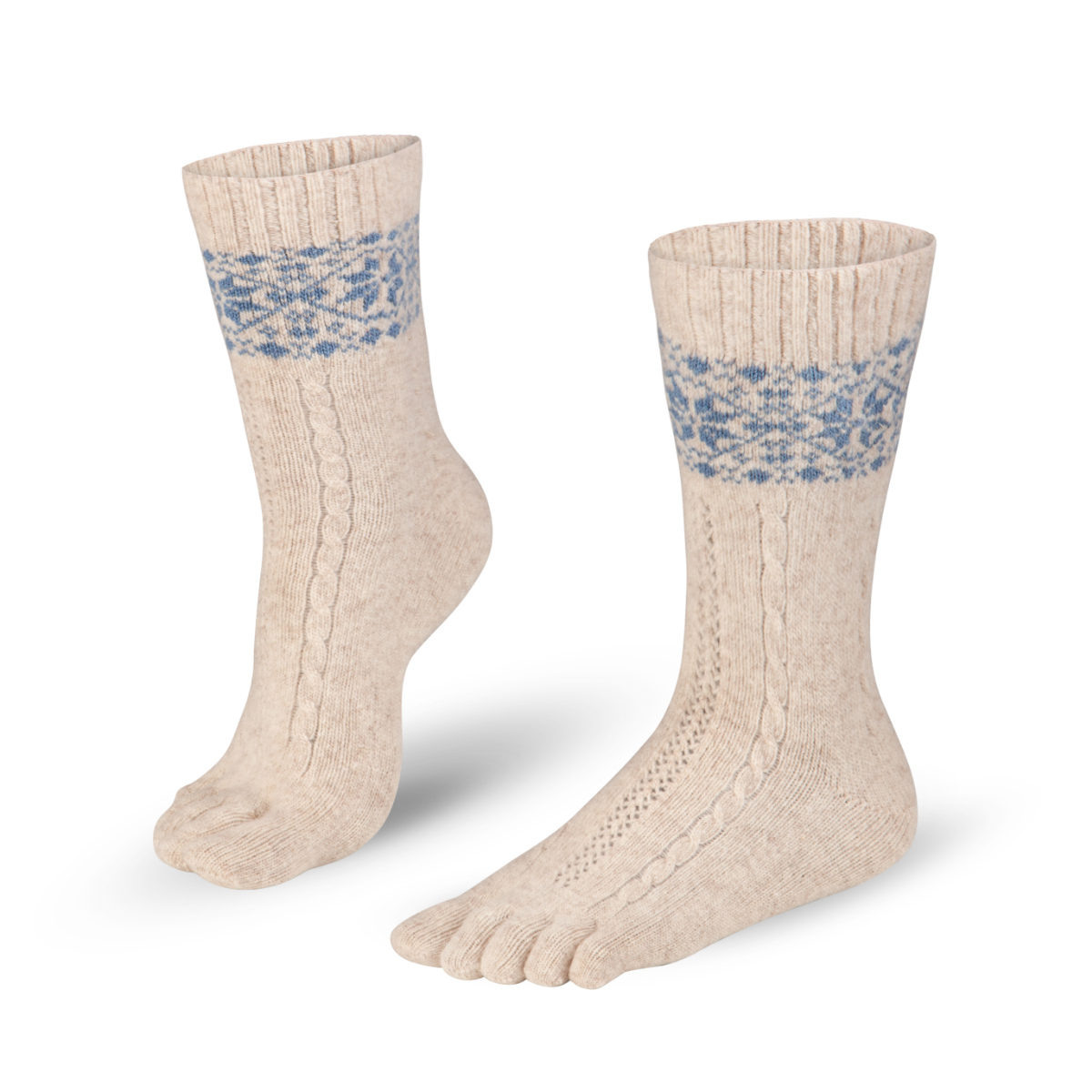Knitido - Hiver - Chaussettes à doigts de pied - Mérinos - Cachemire - Flocons de neige - Beige Bleu